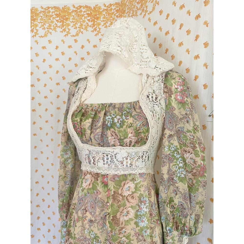 Rare 70s Gunne Sax Lace Hood Floral Prairie Maxi Dress Size 9 - Picture 3 of 14